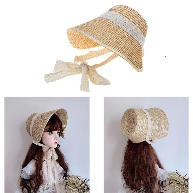 LolitaStyle Straw Hat for Women Girls French Style Tea Hat Lace Patchwork Bonnet Handwoven Sun Hat Summer Headgear 250420bj