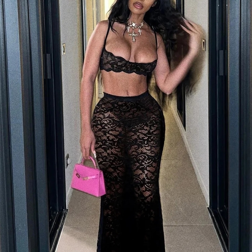 Weird Puss Sexy Mesh 2 Piece Set Women Hipster Midnight Summer Trend Mini CamisoleSkirts Stretch Nightclub Party Matching Suits 250411