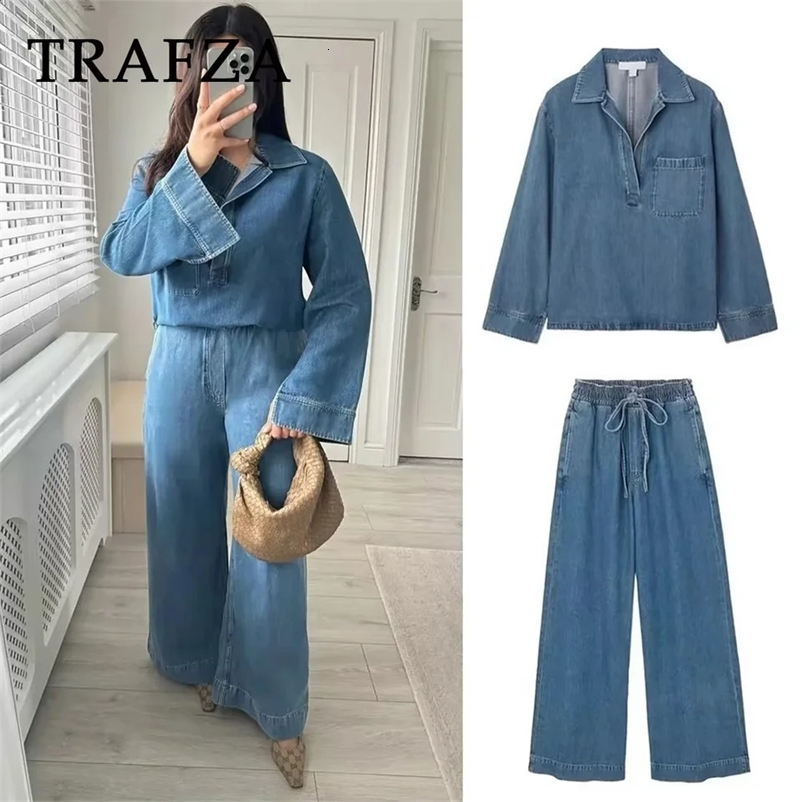 TRAFZA 2024 Spring/Summer Casual Denim Womens Set Fashion Retro Collar Pocket ShirtUnique Brushed Wide Leg Pants 240821bj