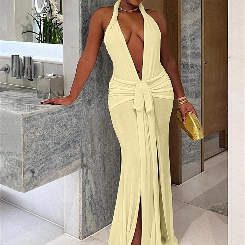 Nibber Elegant Peach Buttocks Sexy Dress Women Halter Summer Sexy Thin Y2K Backless V-Neck Knot Ribbon Birthday Vestidos 250310