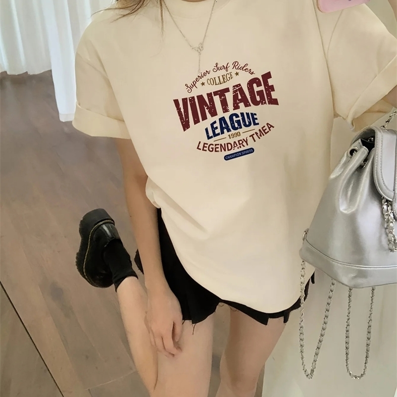 Summer Korean version short sleeved simple printed INS cotton T-shirt for women fashionable and casual simple Vintag Plus size T-shirt 250410
