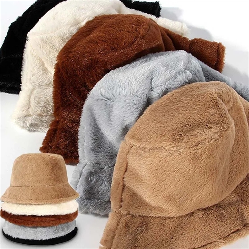 Wide Brim Hats Bucket Soft Faux Rabbit Fur Hat Solid Thicken Autumn Winter Warm Plush Panama Casual for Women Ladies Fisherman Caps Bonnet 230927