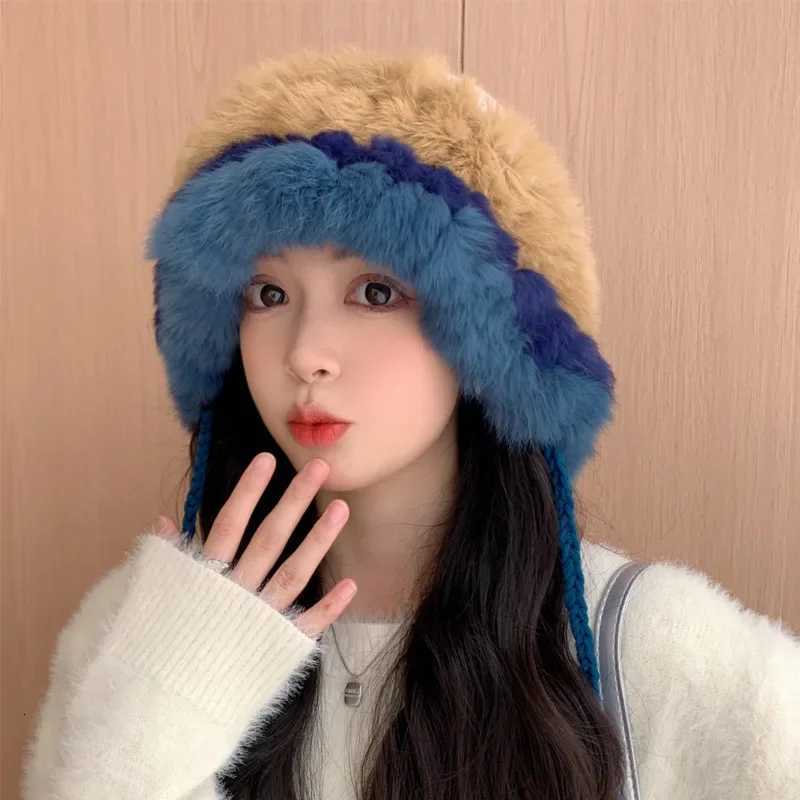 2024 Rabbit Hair Winter Knitted Hoodie Outdoor Warm Drawstring Hat No Brimmed Hat Plush Ear Protection Baotou HatXJ250923