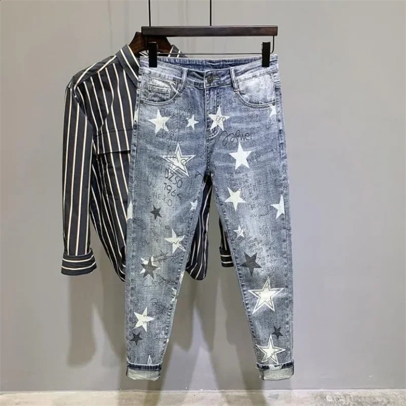 Trousers Star Man Cowboy Pants Cropped Elastic Mens Jeans Stretch Light Blue with Print Clothes Y2k 2000s Spring Autumn Washed 240824