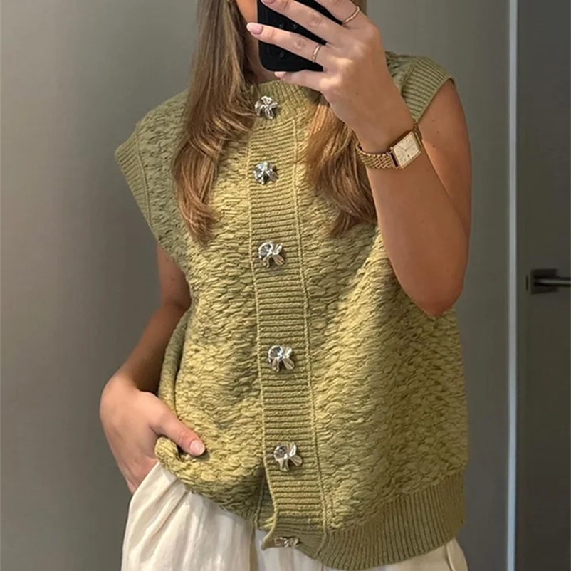 Elegant Knitted Single Chest Tank Top for Women Loose Sleeveless O-neck Full Set Green Womens Tank Top 2024 Autumn Office Womens Wear 241206bj