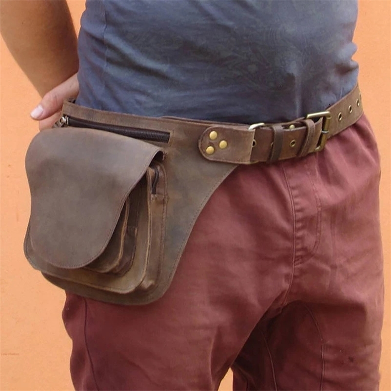 Modern Pu leather waist bag steampunk Hip pocket retro mens casual buckle bag outdoor travel punk bag wholesale 241023bj