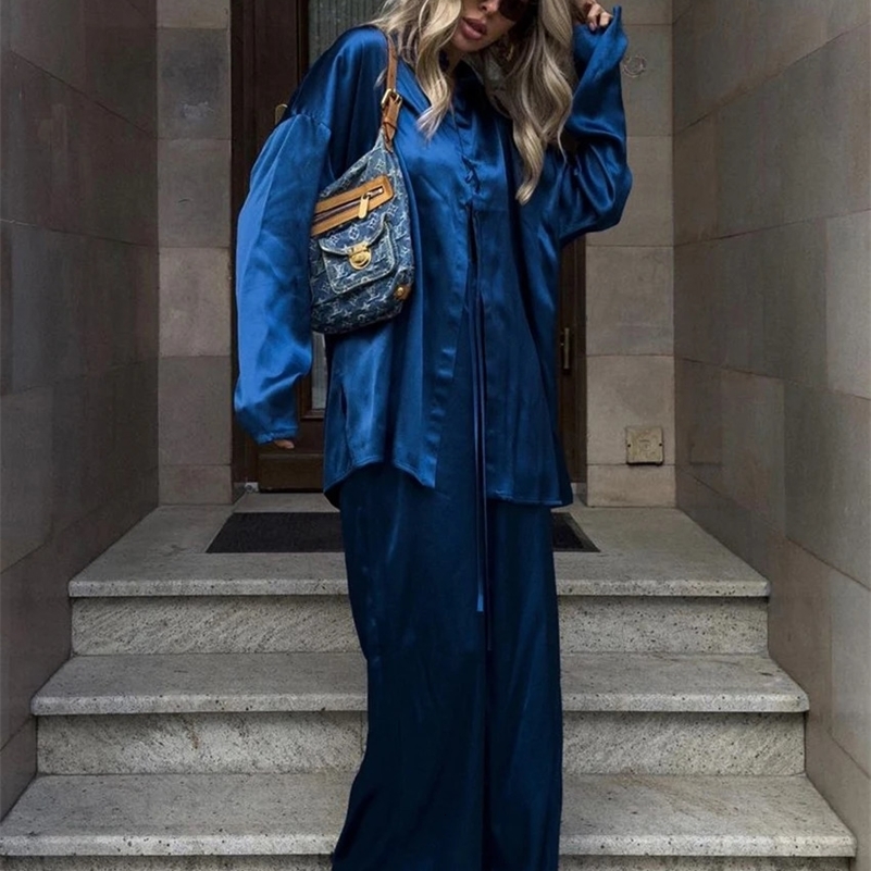 Oymimi Casual Loose Blue Satin Womens 2 Piece Outfit Set Elegant Long Sleeve Shirt With High Waist Wide Pants Set Streeetwear 250121