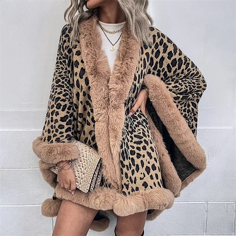 WEHELLO AUTUMNWINTER Collier de fourrure de fourrure de style ethnique Cape Cardigan Fashion Léopard Patrifhe Pull de châle pour les femmes 24110