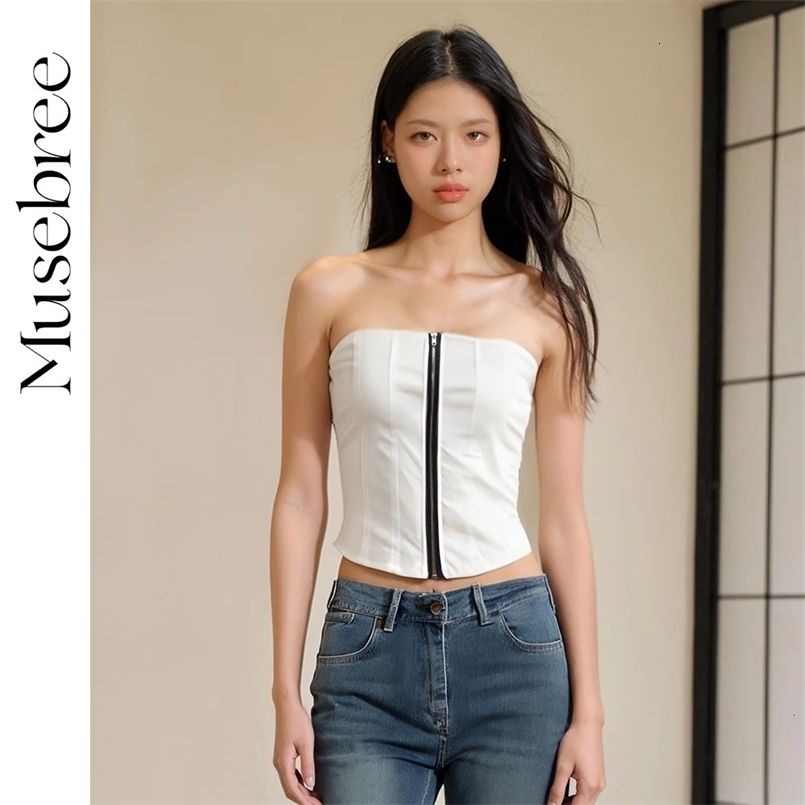 Musebree Womens Strapless Bustier Corset Top Ladies Girls White Tube Top Zippered Slimming Sexy Tops Summer Vocation Women Tops 250418
