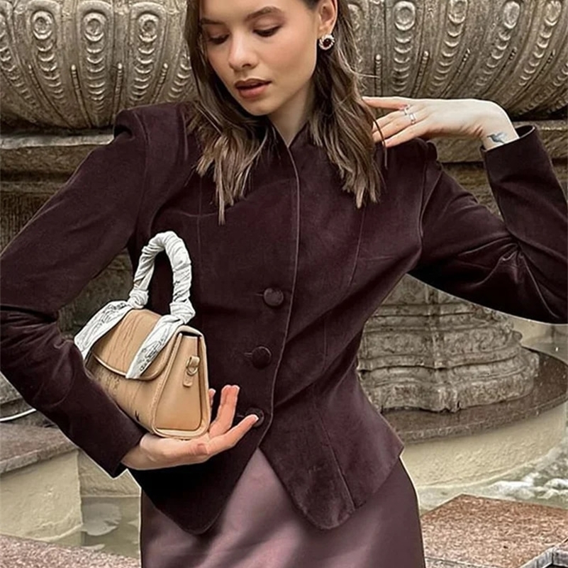Vintage Burgundy Suede Jacket Women Slim V-neck Single Breasted Long Sleeve Coats 2024 Autumn Female Office Chic Outwears 241120