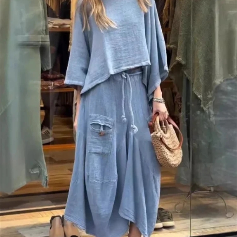 autumn womens cotton linen loose leather two-piece set solid color irregular top waist pocket leather set 250327