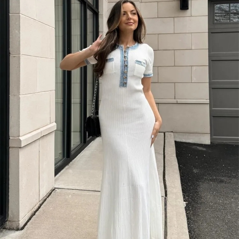 Elegant Contrasting Women Knit Maxi Dress Chic O-neck Short Sleeve Metal Buttons Bodycon Dresses Office Lady Commuting Robe 240828