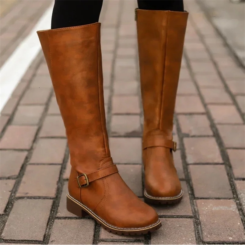 Womens Knee High Boots Fashion Low Heels Platform Long Boots Black Leather PU Zip Winter Woman Warm Shoes Zapatos De Mujer 241113
