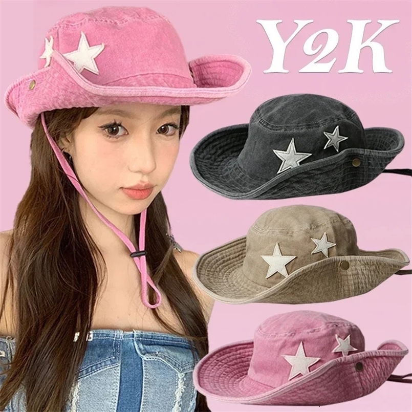 Y2K Punk Bucket Hats Women Cotton Pink Star Retro Big Brim Sun Protection Mountaineering Cap Spring And Summer Outdoor Men's Hat 231228