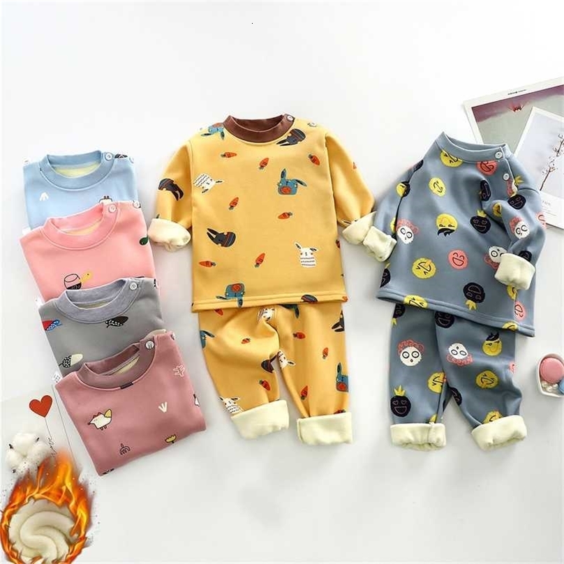 Boys Girls Cotton Pajama Sets Cartoon Thickened Autumn Winter For Kids Long Sleeve O-Neck Cute T-Shirt Tops With Pants 211105