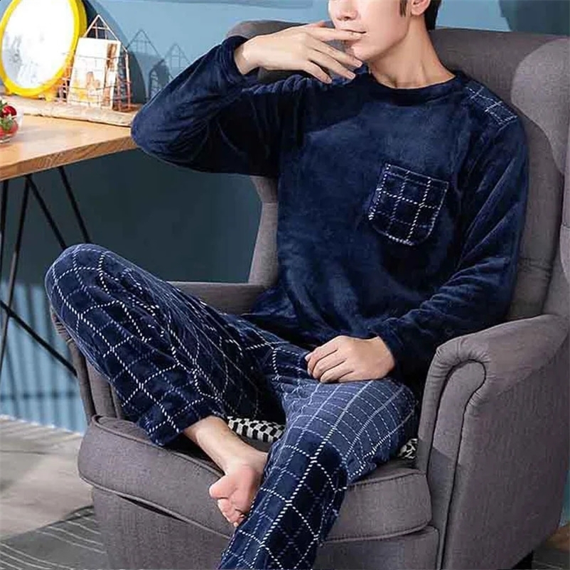 2-piece/set autumn/winter Faceclothing mens pajamas apron thickened warm long sleeved youth coral fleece home clothes mens clothing 240830bj