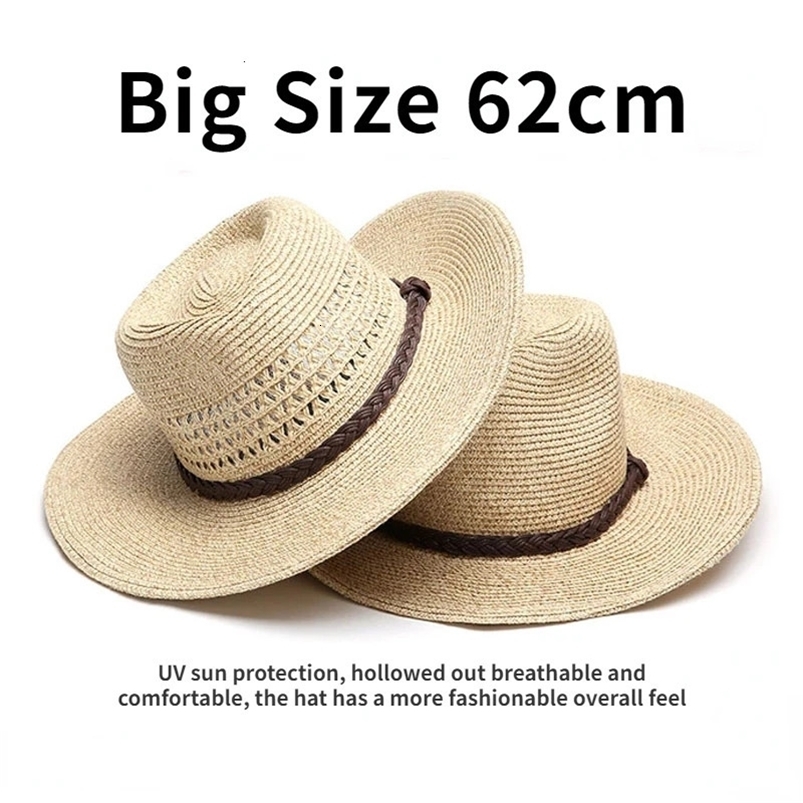 Big Size 62cm Cowboy Hat Panama Jazz Straw Hat for Women Men Hollow Out Summer Windproof Rope UV Sunscreen Beach Sun Hat 240711