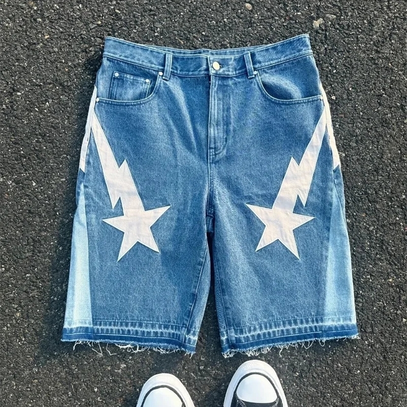 American fashion trend street mens wide leg jeans Y2K embroidered bag jeans Gothic punk street casual shorts 241211
