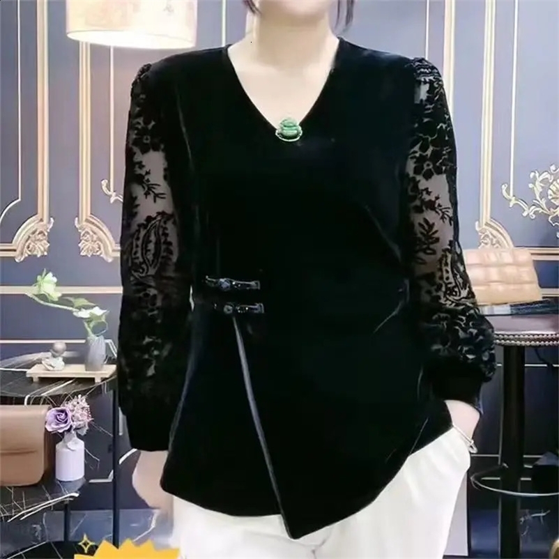 Womens floral print gold velvet shirt for spring and summer office womens V-neck long sleeved lace loose fitting womens clothing top 241206bj