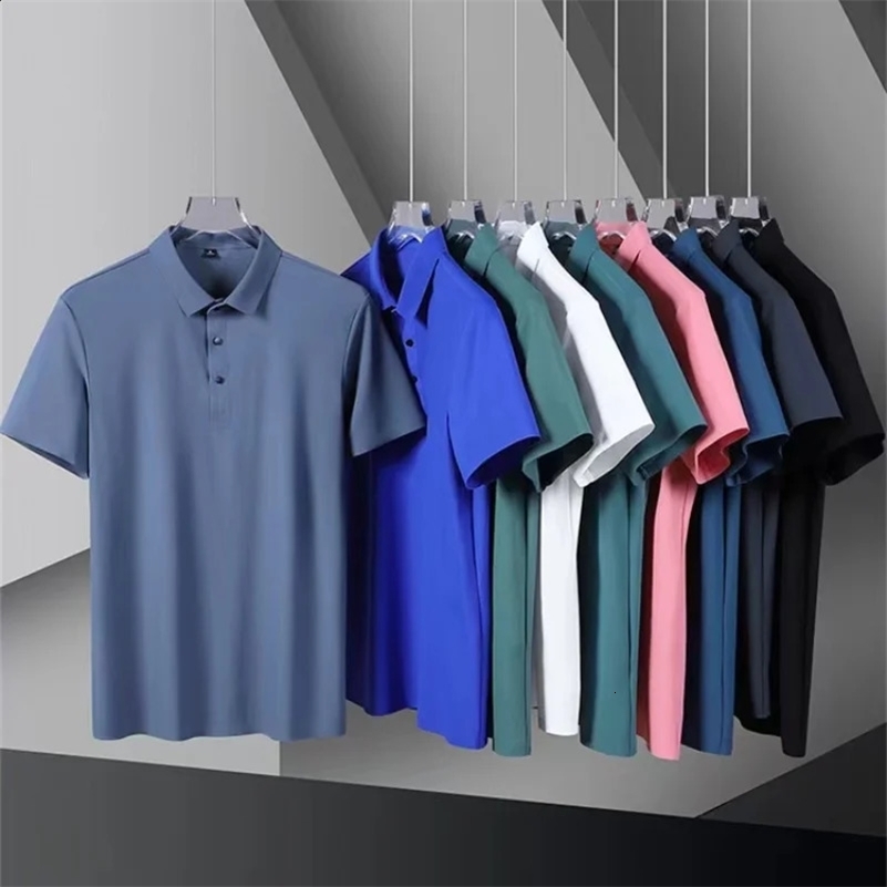Summer Ice Silk Polo Shirt High-End T-Shirt Solid Color Half Sleeve Non-Marking Casual Lapels Business Thin Menswear 241227