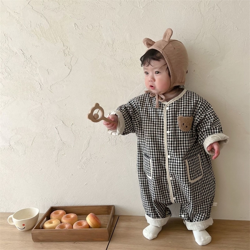 Rompers Baby Loose Infant Cute Bear Jumpsuit For Boys Toddler Girl Casual Plaid Autumn Fashion born Clothes 230209