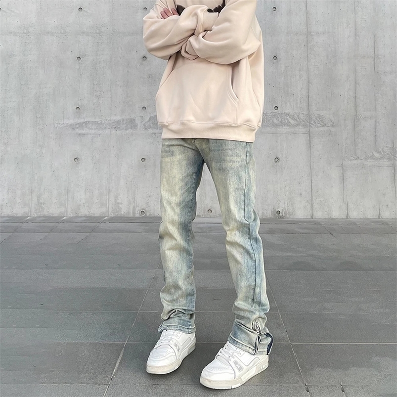 Autumn Skinny Jeans Men Y2k Vintage Street Casual Fashion Trousers Slim Streetwear Distressed Zip Stretch Denim Pants Winter 240819