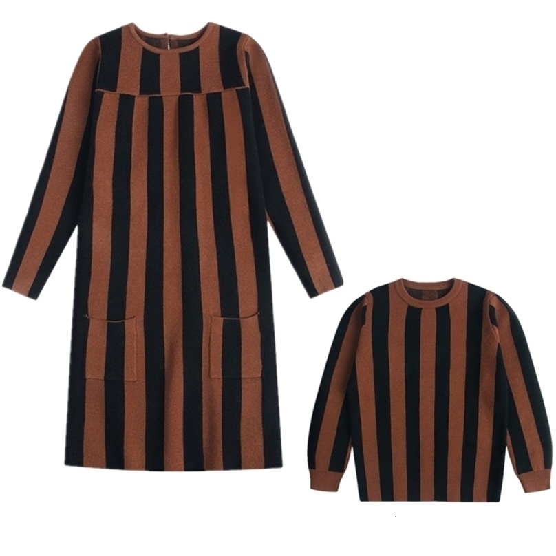 Kids Sweaters Children Striped Knitted Pullover Tops Girls Long Jumper Dress Boy Winter Teenagers Knitwear 211104
