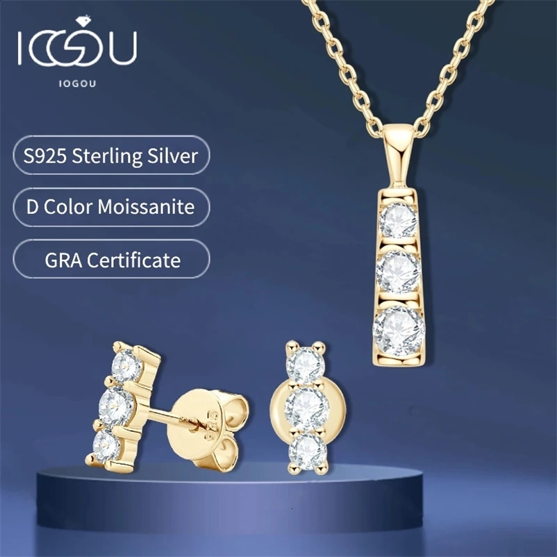 100% 925 silver 14K gold-plated jewelry set 3-stone D VVS1 silica pendant necklace stud earrings set womens birthday gift 240924bj