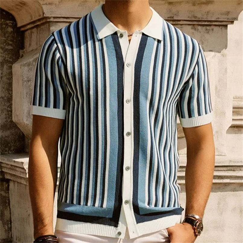 2025 Mens Knitted Polo Shirt Fashion Striped Short Sleeve T-shirt Men Business Tops Casual Breathable Camisas Knitwear 250214