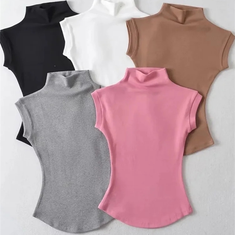 Womens Summer Sexy Turtle Neck Sleeveless T-shirt Top Pure Thin Slim Fit Pulling Shoulder Strap Three way Womens Street Clothing Basic Three way 250
