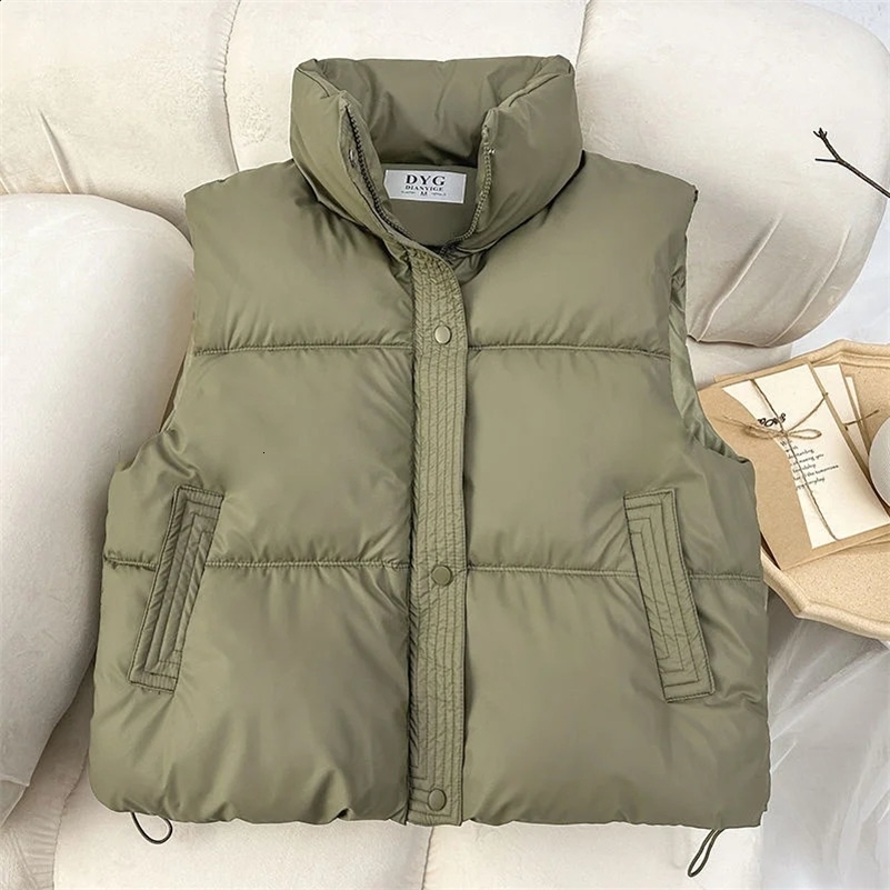 2024 Autumn Winter Korean Loose Down Cotton Vest Women Short Stand Collar Sleeveless Jacket Coats Fashion Waistcoat Vests 241120