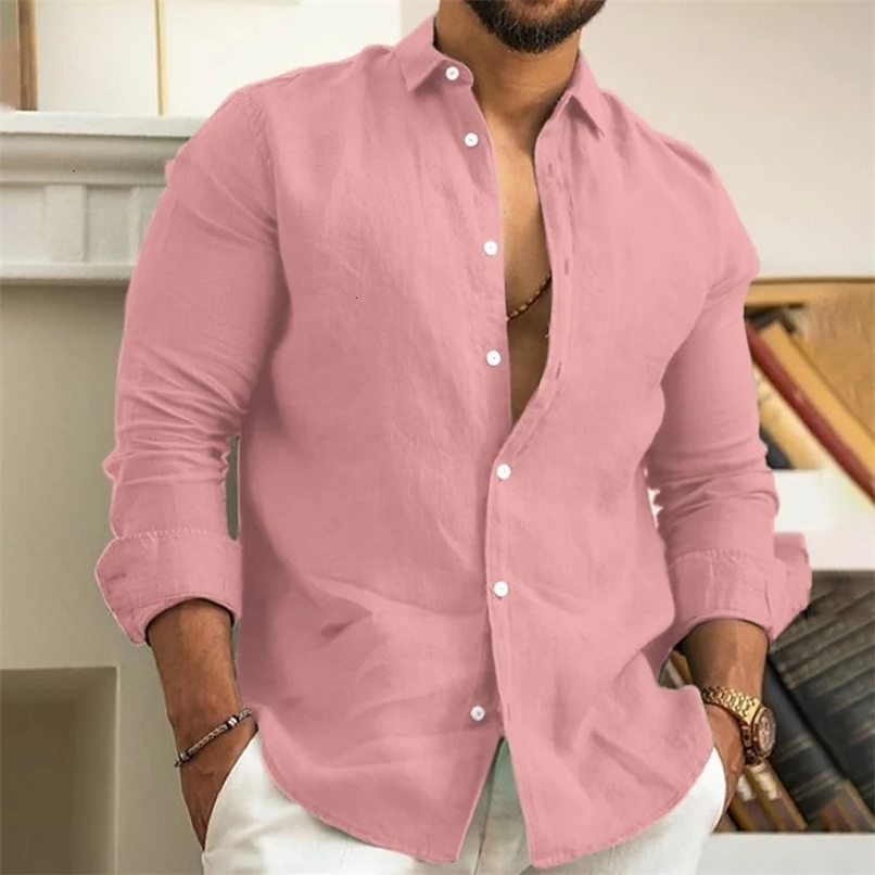 Mens Linen Shirt Summer Shirt Beachwear Button Casual Shirt Black White Pink Long Sleeve Solid Color Lapel Spring Summer 6XL 250519