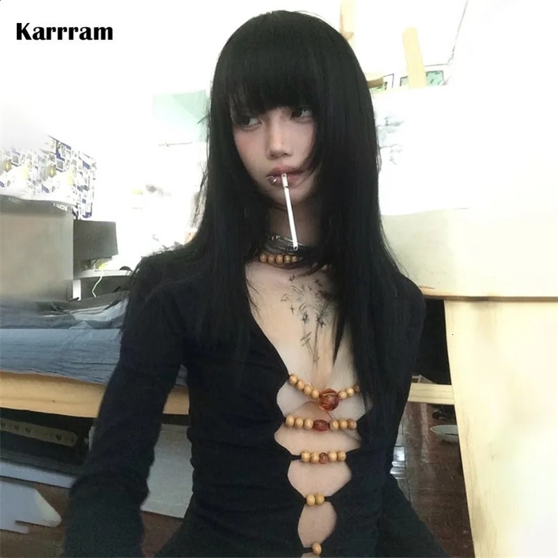 Karrram Japanese Y2k Hollow Out Tops Vintage Harajuku Beaded T Shirt 2000s Aesthetics Long Sleeve Slim T-shirts American Retro 240819