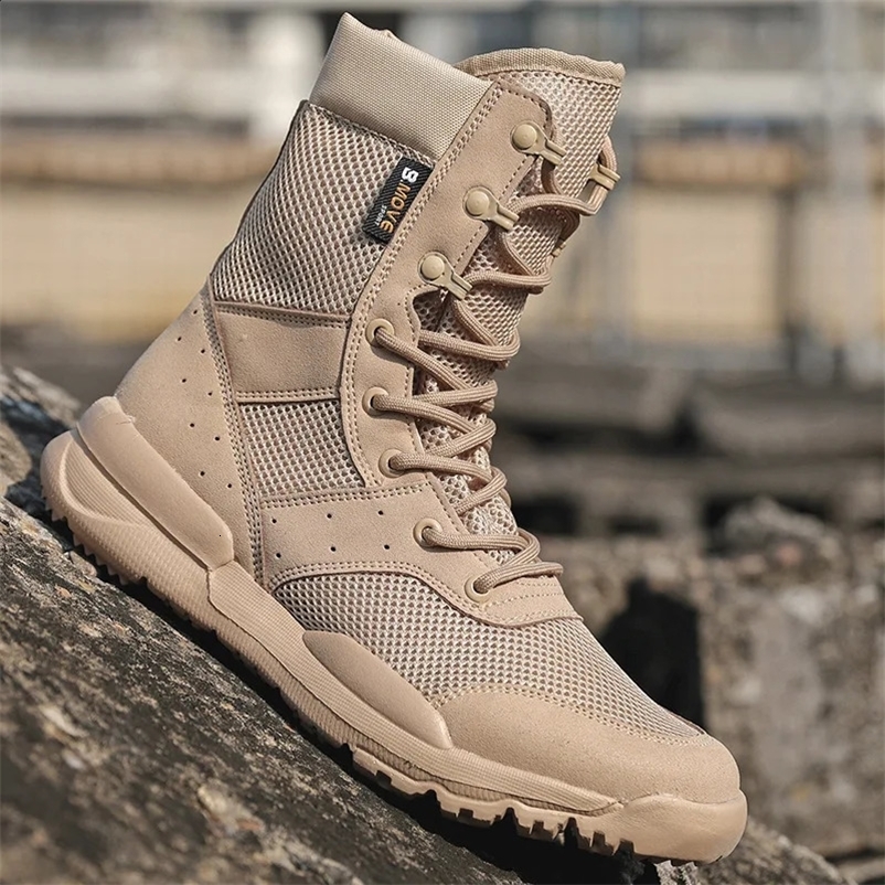 Summer Breathable Desert Hiking Boots Mens High Top Outdoor Climbing Mountaineering Army Shoes Lightweight Tactical Combat Boots 250120bj