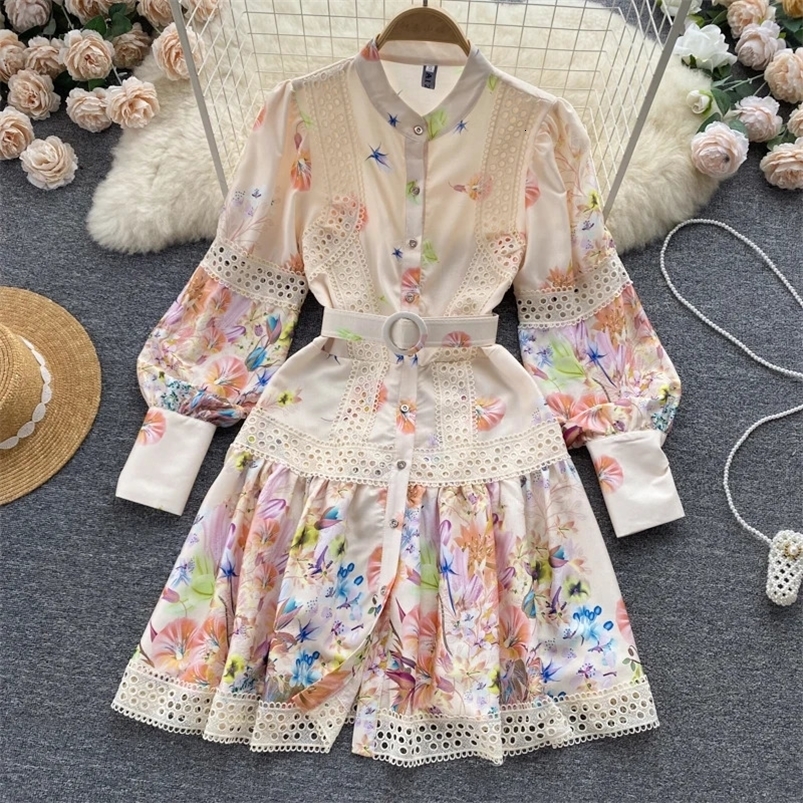 Runway Women Single Breasted Mini Dress Lantern Long Sleeves Sashes Boho Vintage Dress Fashion Lady OL Floral Print Lace Robe 240812