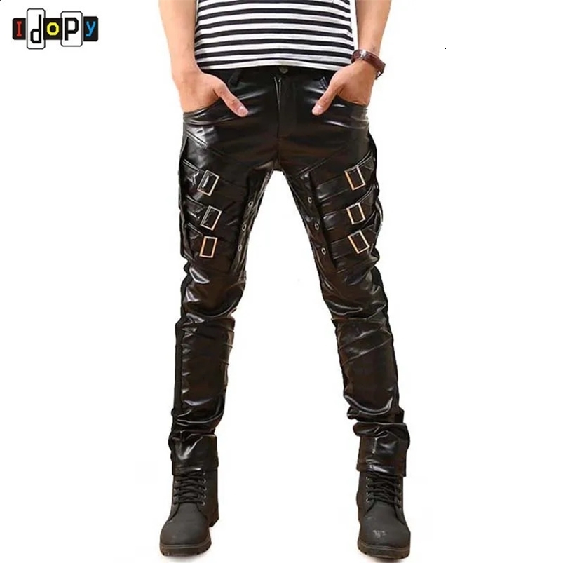 Arrival Mens Korean Gothic Punk Fashion Faux Leather Pants PU Buckles Hip Hop Applique Black Leather Trousers Male 240816