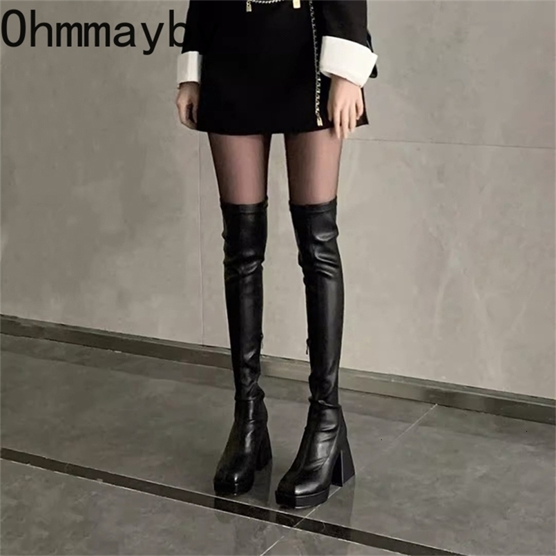 Autumn Winter Street Style Stretch Over The Knee Boots Women Fashion Round Toe Square Platform Heels Long Booties 240929