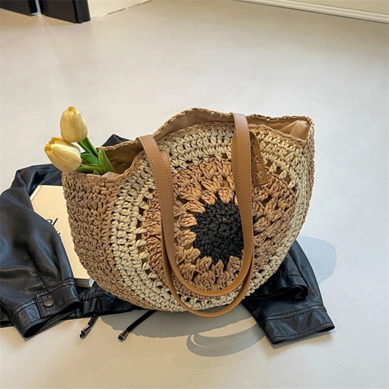 Large Capacity Round Women Fashion Straw Woven Shoulder Bag with Zipper Handmade Summer Beach Travel Holiday Women Tote Bags 250327bj