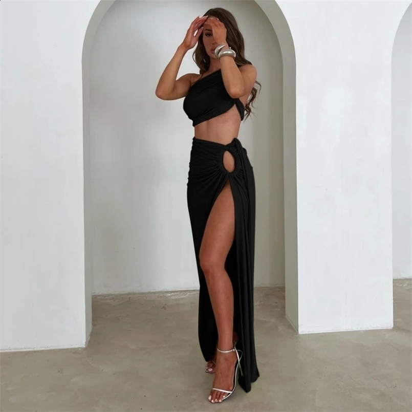 Women Summer 2 Pieces Outfits Solid Color Oblique Shoulder Sleeveless Sexy Tops Wrapped Hip High Waist Slit Long Skirts Sets 250113