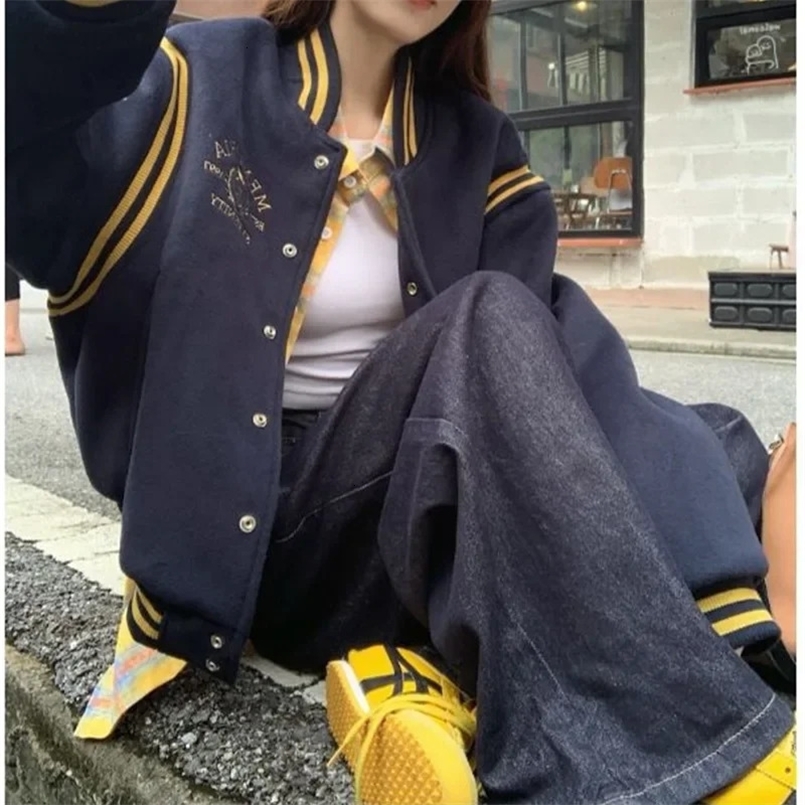PetiteVintageLoose-Fit Baseball Jacket Womens Autumn Korean Style Casual Top Blue Color Regular Fit Crew Neck 250507