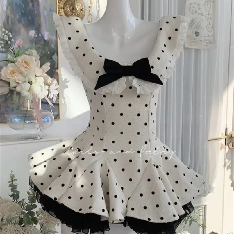 Summer Retro Elegant Woman Dress Y2k Polka Dot Bow Slim Sweet Mini Dress Female Korea Style Chic Sexy Party Outfits 250514