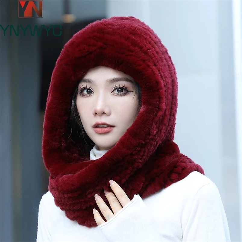 2024 Women Real Knitted Rex Rabbit Fur Hat Hooded Scarf Long Winter Warm Fur Hat With Neck Collar Scarves Hat Scarf 240910