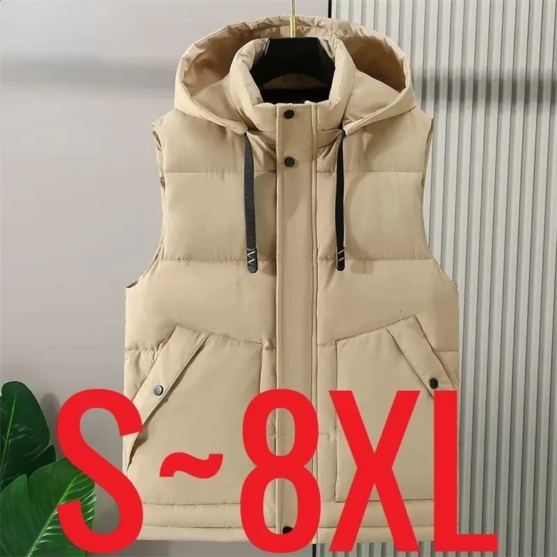2024 in Mens Padded Vest Spring Sleeveless Jacket Hooded Vest Padding Golf Cotton Coat Male Large Size 8XL Pocket Outerwear 241120