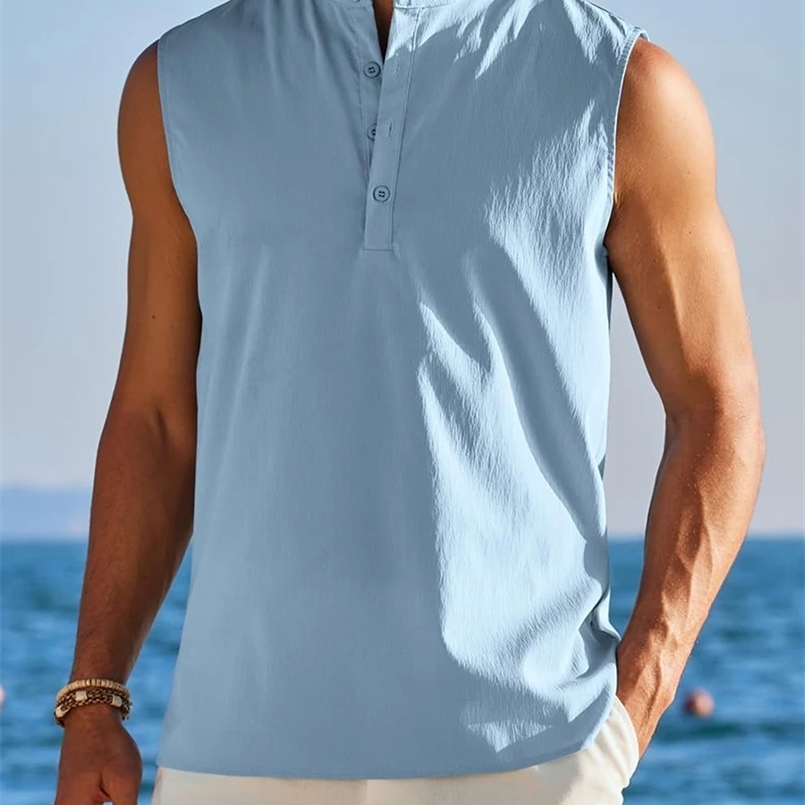 Mens casual hippie style collarless Henry collar vest street clothing solid color loose fit T-shirt summer clothing T-shirt 250422