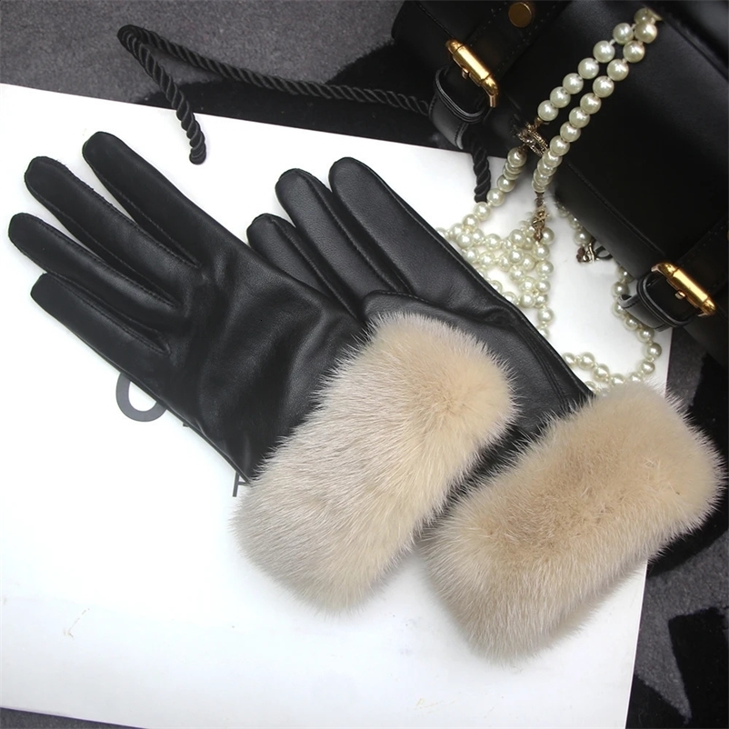 Women Real Mink Fur Gloves Soft Sheepskin Leather Gloves Winter Warmer 100% Real Mink Fur Mittens Female Genuine Gloves Guantes 241223bj