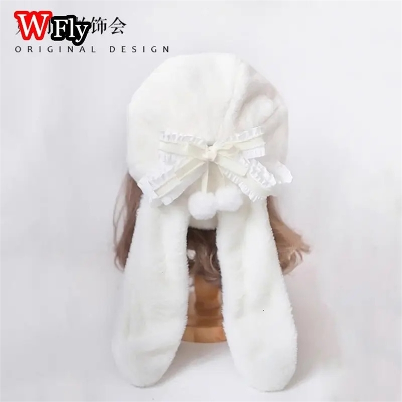 Womens Harajuku Steampunk Gothic Original Small Object Plush Rabbit Ear Bow Autumn Winter Lolita Y2K Girls Beret Hats 240603bj
