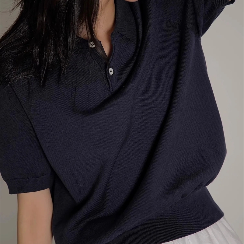 Blue ice silk knitted polo shirt shoulder short sleeve T-shirt womens summer thin French high-grade lapel top250324bj
