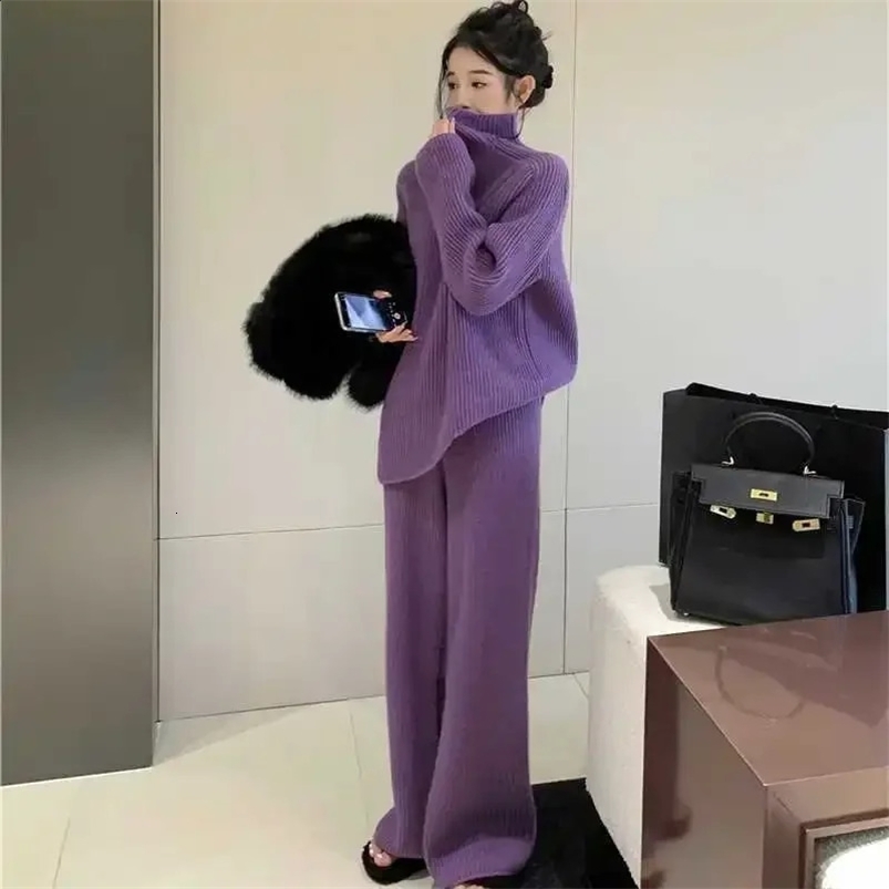 Purple Thickened Knitted Sweater Bell Bottoms Two-piece Set For Women Autumn/winter Season Trendy High-neck Polo/turtle Neck 240820