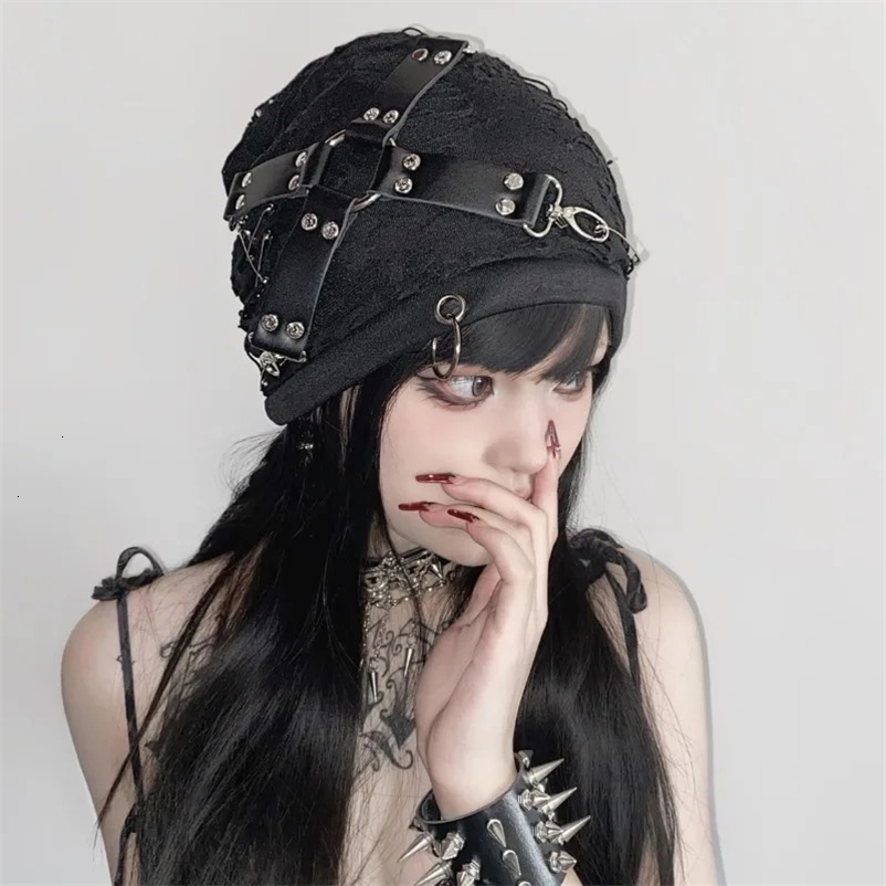 Gothic black Beanie hat womens Harajuku punk cross leather buckle hat fashionable Tattered hat street clothing rap hat mens hip-hop hat 240531bj