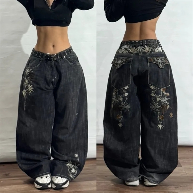 Street Fashion Oversized Printed Black Washed Baggy Jeans Women Y2K Gothic Harajuku Retro High Waist Wide Leg Pants 250303